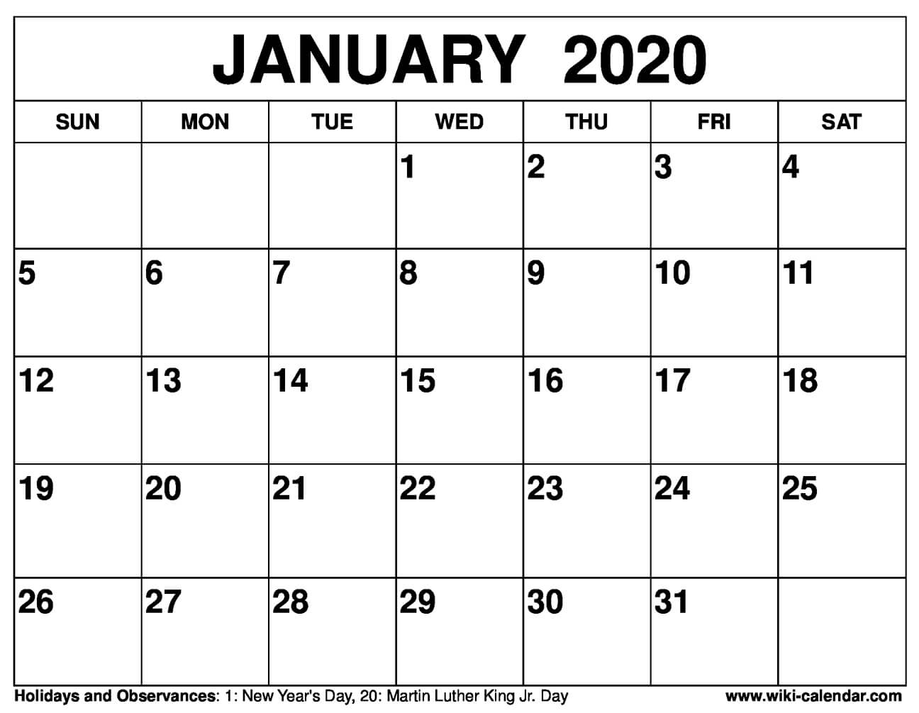 Free Printable January 2020 Calendar Wiki Calendar