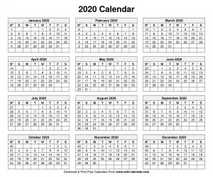 Free Printable Year 2020 Calendar