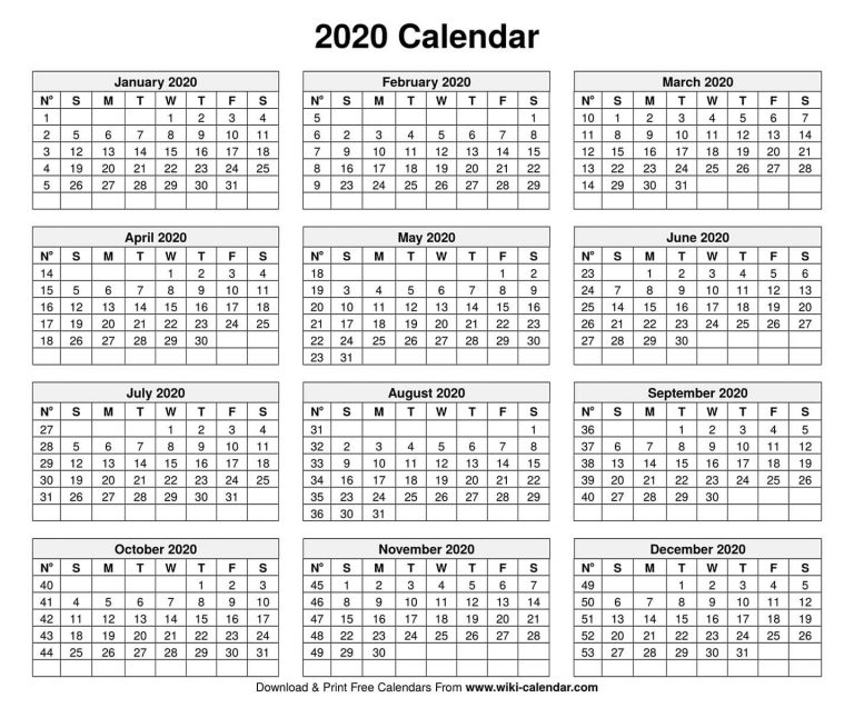 Free Printable Year 2020 Calendar