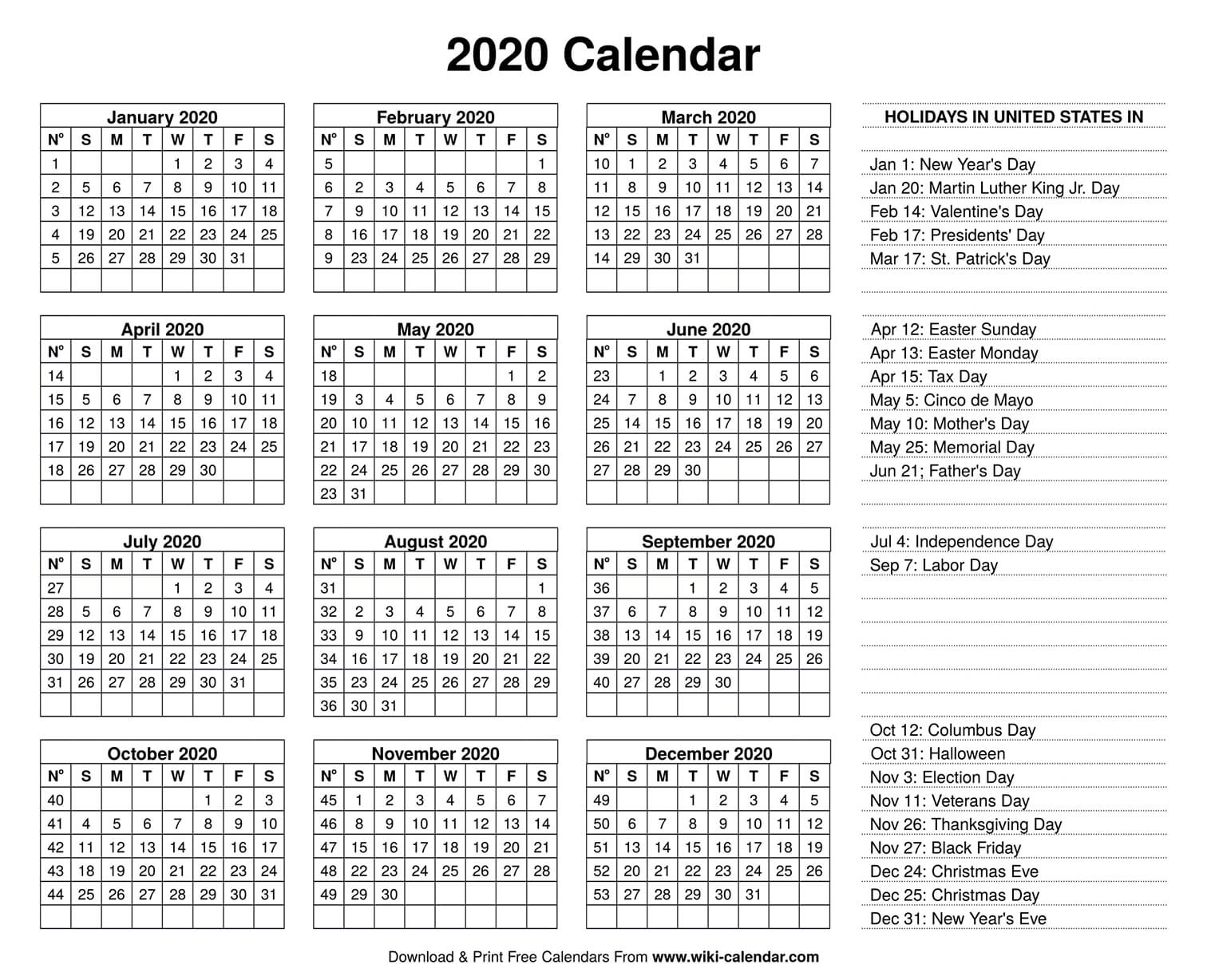 2020 Calendar Printable Free PDF Holidays