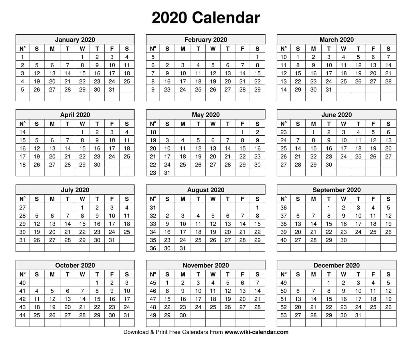 Printable Year 2020 Calendar