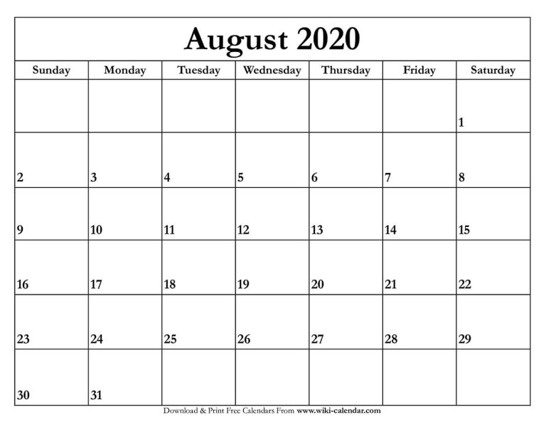 Free Printable August 2020 Calendar - Wiki Calendar