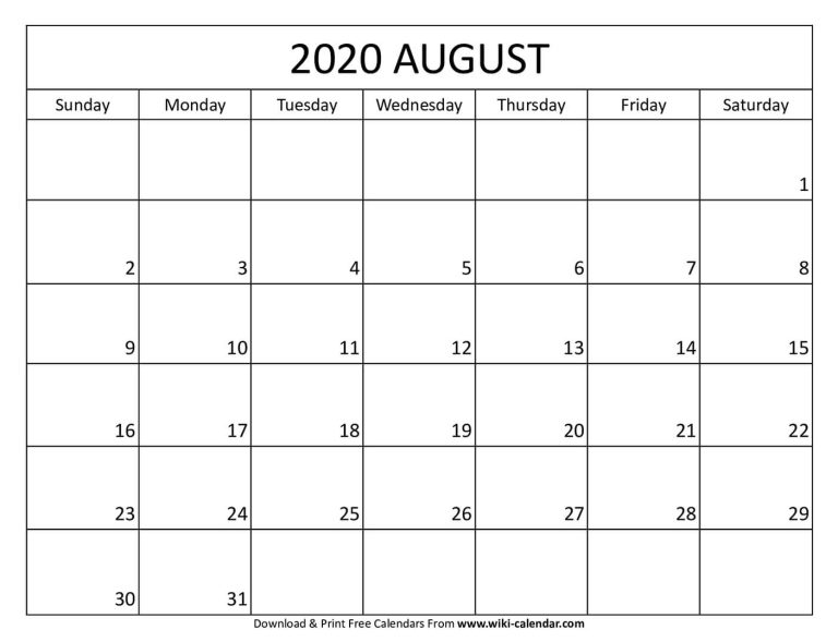 Free Printable August 2020 Calendar - Wiki Calendar