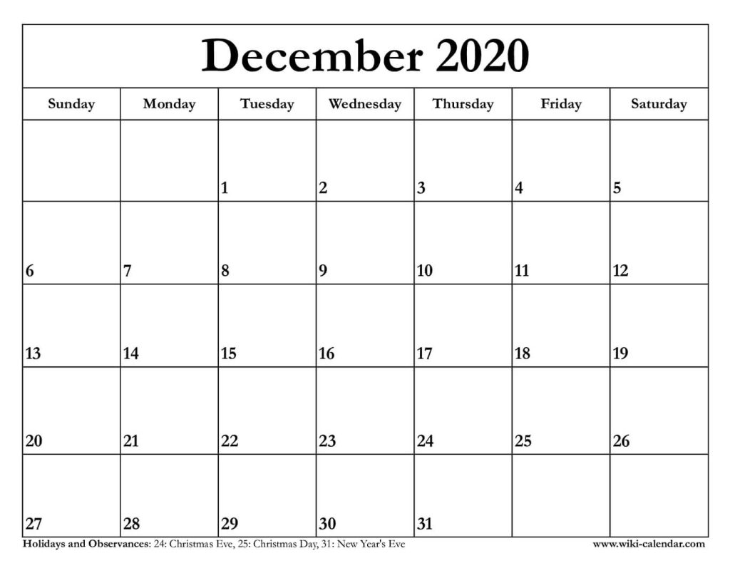 Free Printable December 2020 Calendar