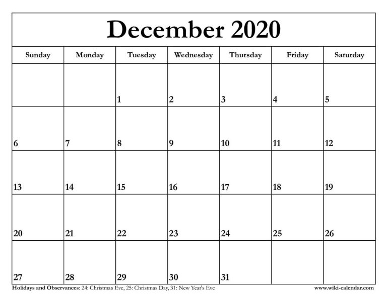 Free Printable December 2020 Calendar