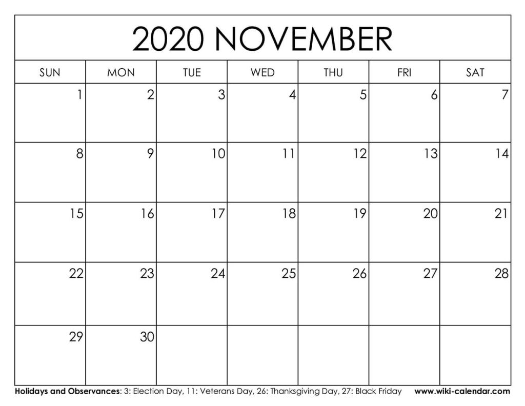 Free Printable November 2020 Calendar