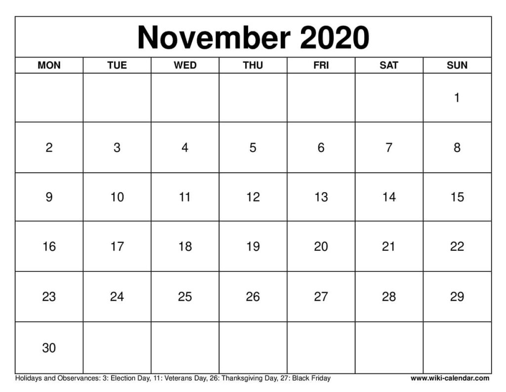 Free Printable November 2020 Calendar