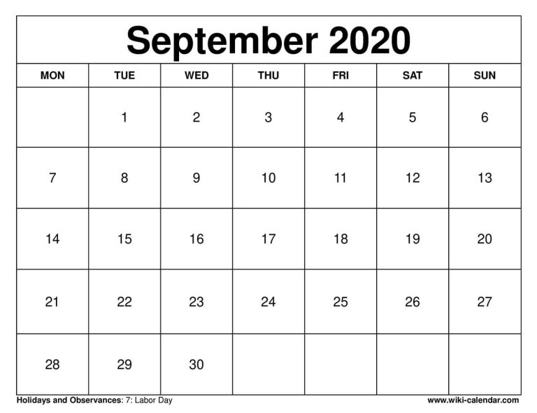 Free Printable September 2020 Calendar