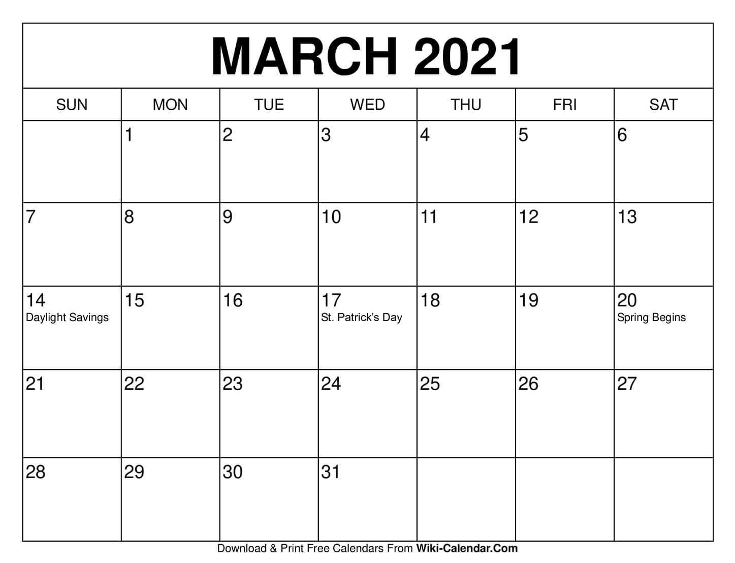 Free Printable Calendar March 2021 - Printable Word Searches