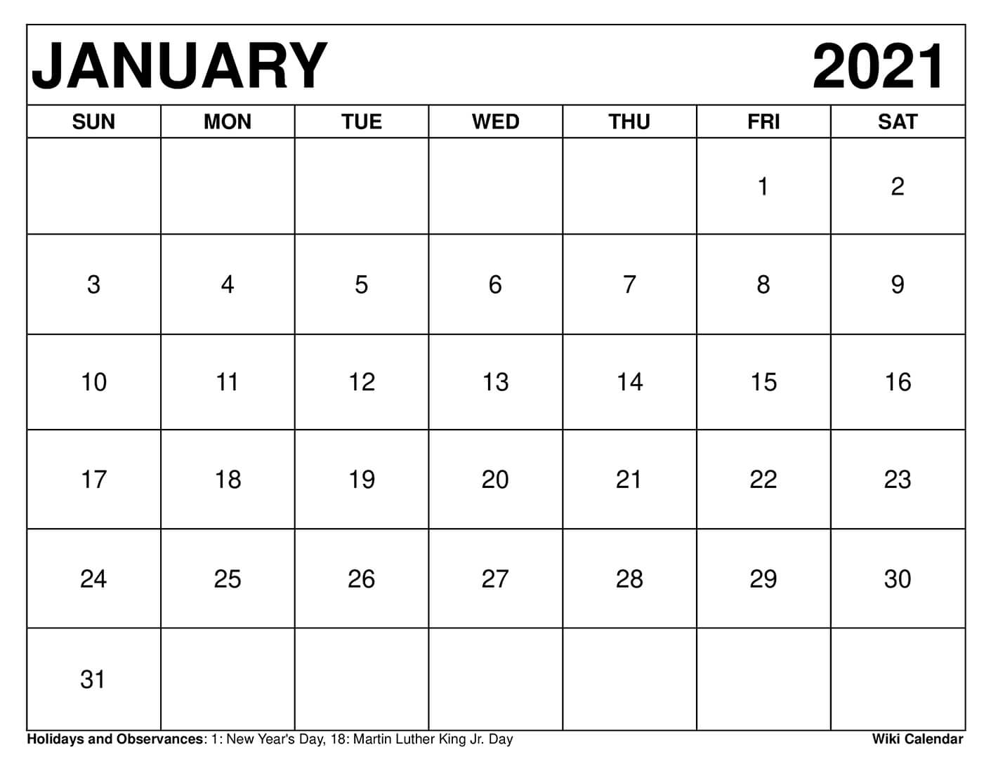 January 2021 Calendar Printable Template