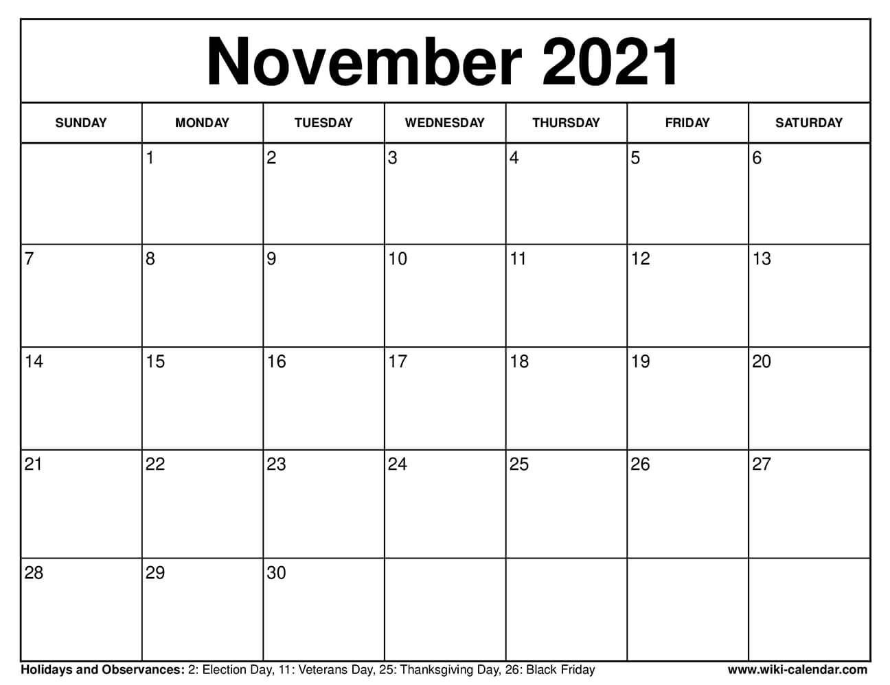 Free Printable November 2021 Calendars