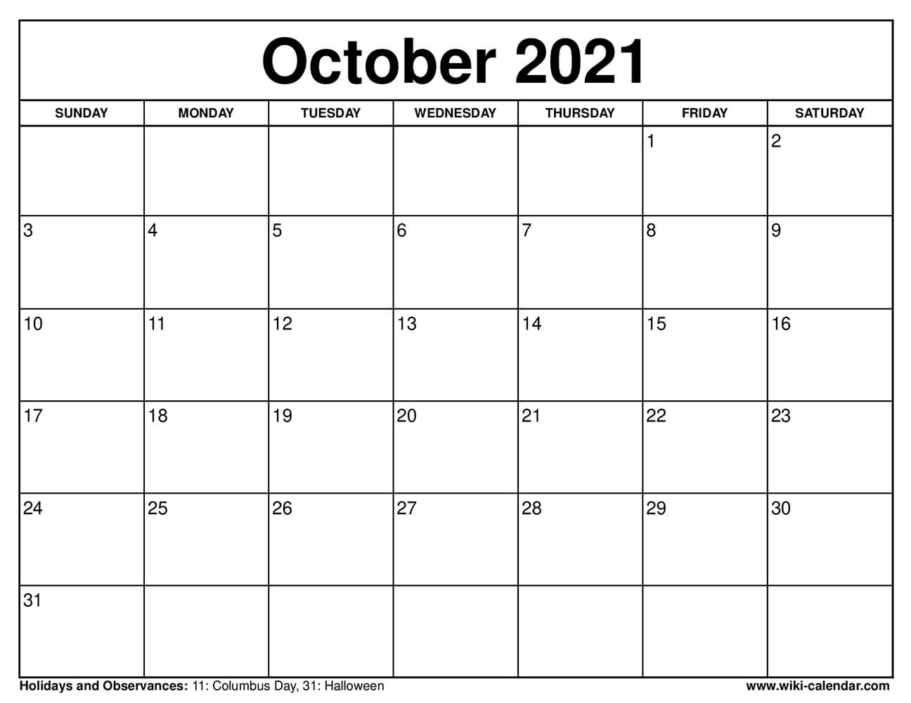 View Free Printable October 2021 Calendar Page Pics