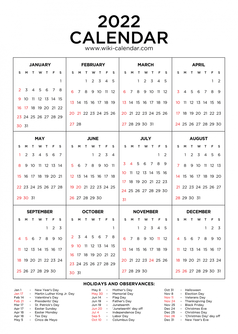 Year 2022 Calendar Printable with Holidays - Wiki Calendar