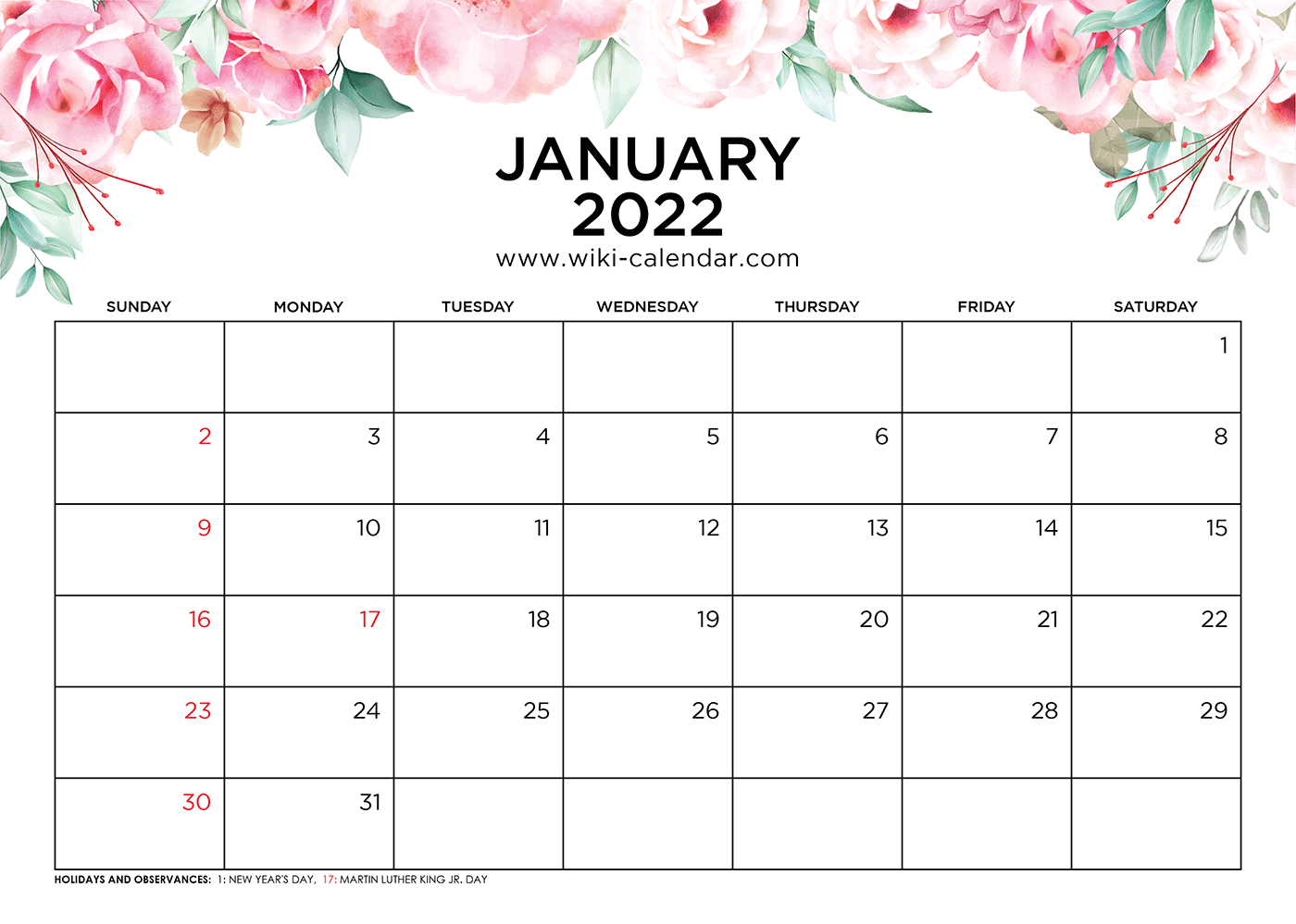 free printable january 2022 calendars wiki calendar