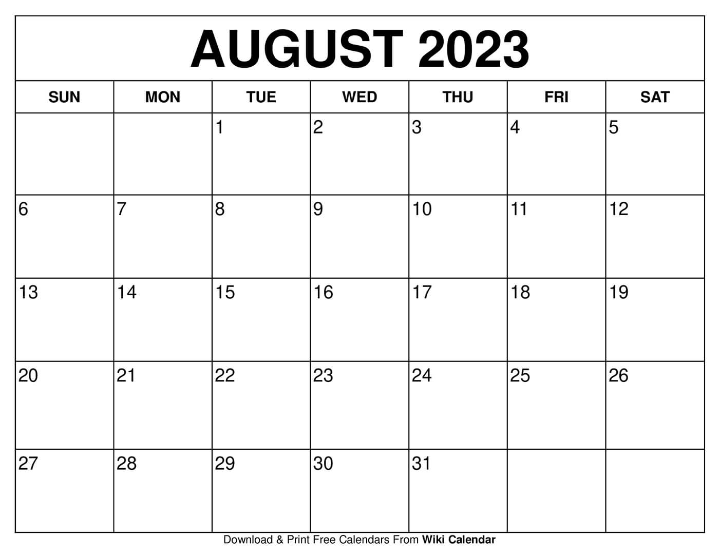 August 2023 Monthly Calendar Template - Riset