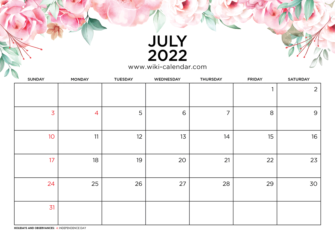 july 2022 blank calendar