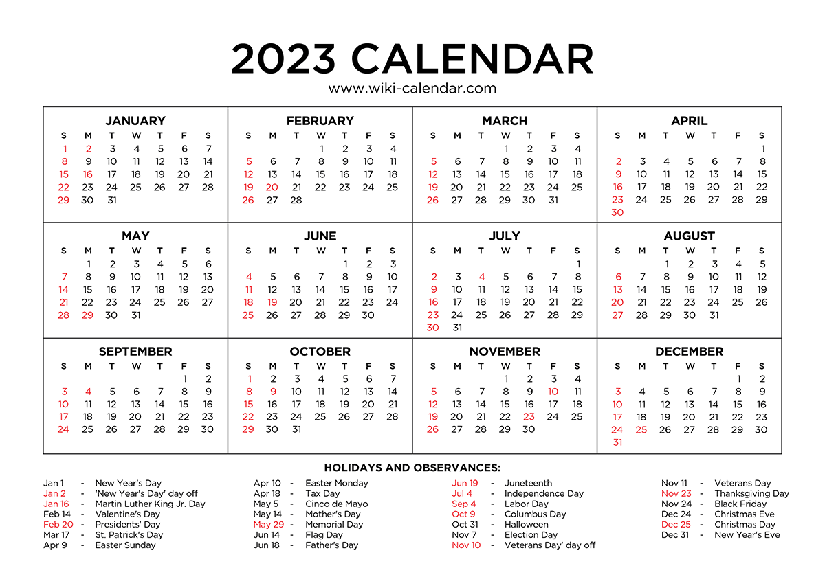 Printable Year 2023 Calendar