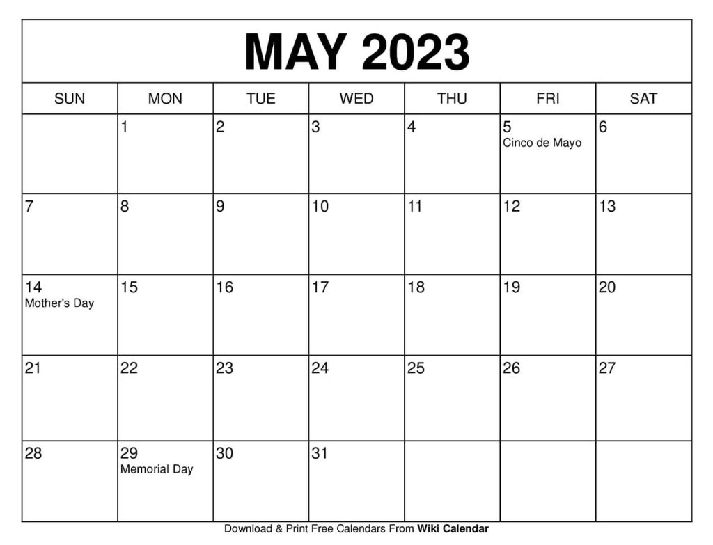 May 2023 Calendar Printable One Page