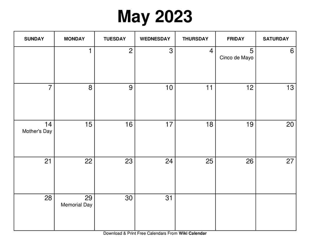 May 2023 Calendar With Holidays Printable Get Calender 2023 Update