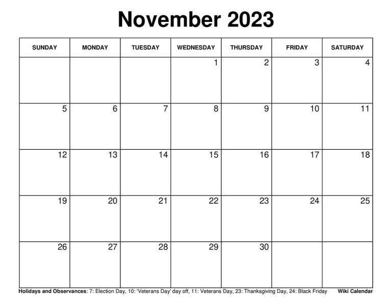 Printable November 2023 Calendar Templates with Holidays - Wiki Calendar