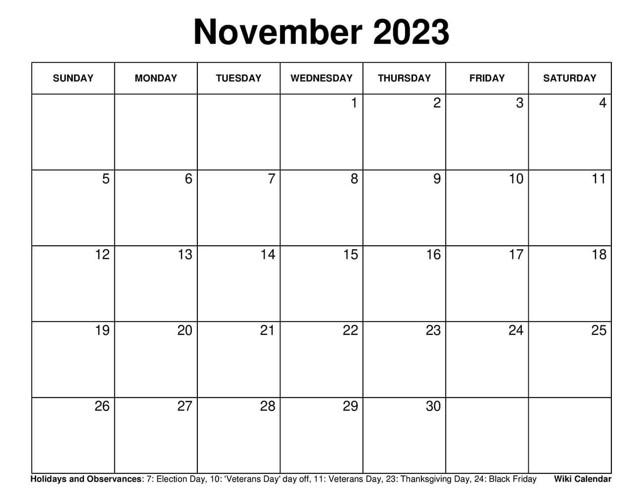 Printable November 2023 Calendar Templates With Holidays Wiki Calendar