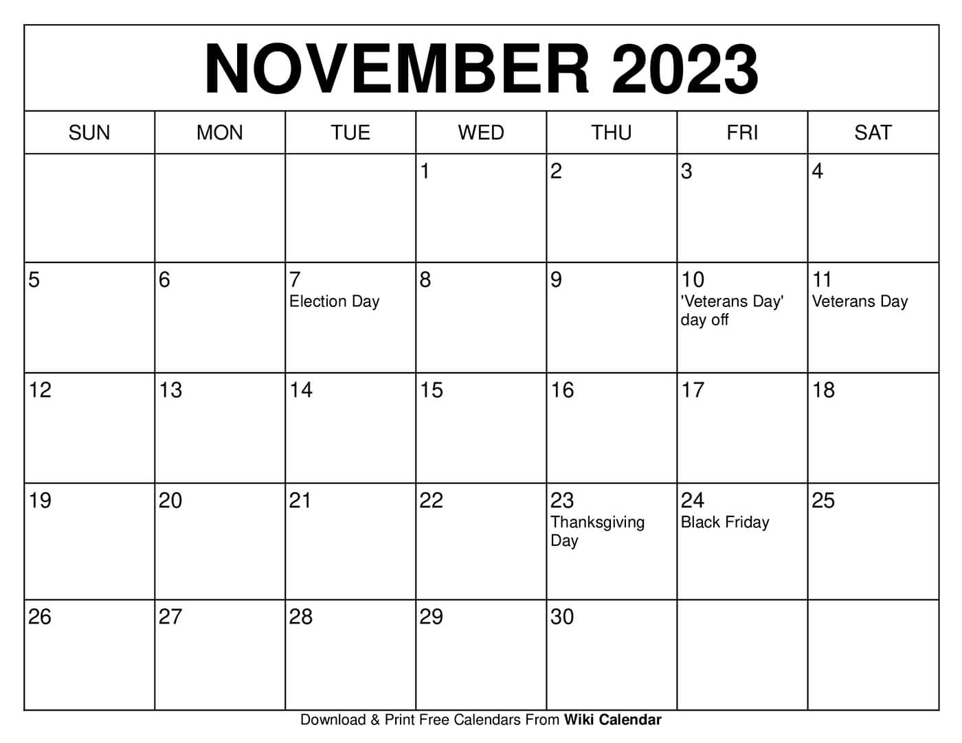 Printable November 2023 Calendar Templates with Holidays - Wiki