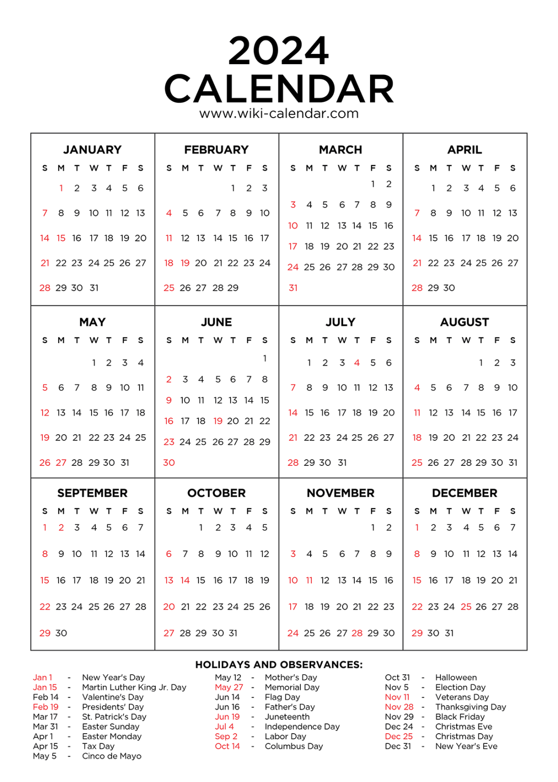 Printable Full Year 2024 Calendar Free