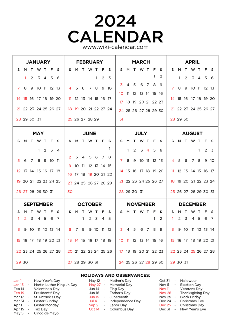 Year 2024 Calendar Printable with Holidays - Wiki Calendar