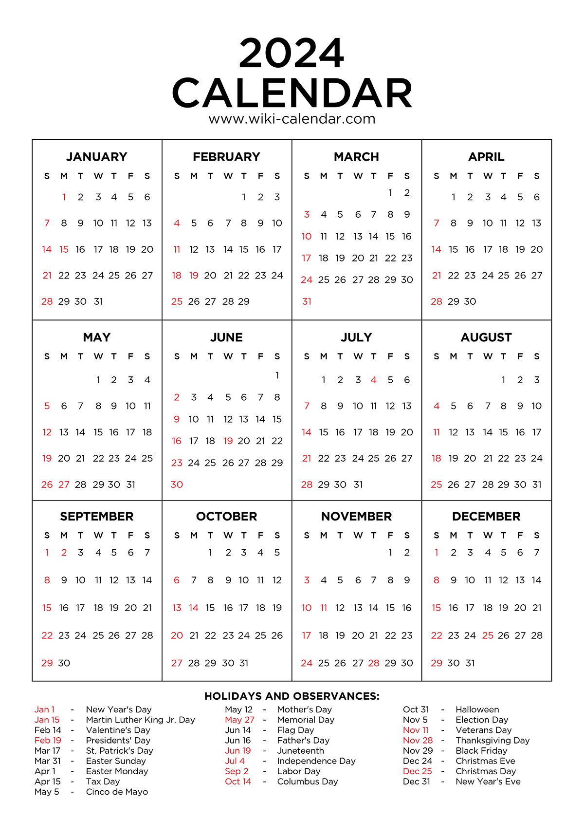 2024 Free Calendar Printable Pdf With Holidays Full List Dacy Michel