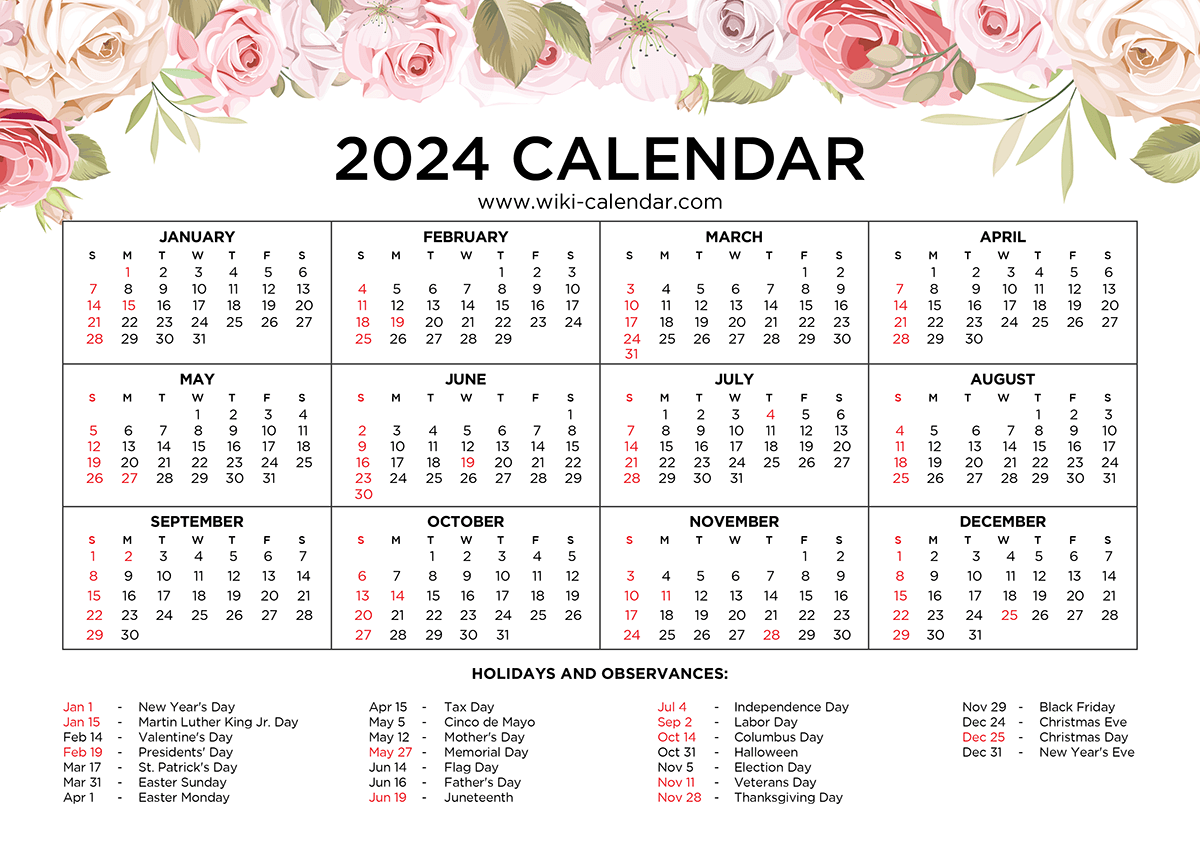2024 Yearly Calendar With Holidays Printable Free Pdf Merger Memorial