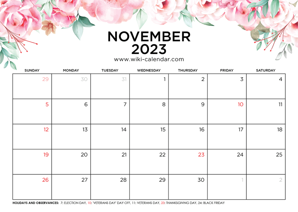 Printable November 2023 Calendar Templates with Holidays Wiki Calendar