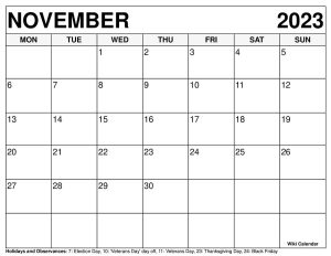 Printable November 2023 Calendar Templates with Holidays - Wiki Calendar