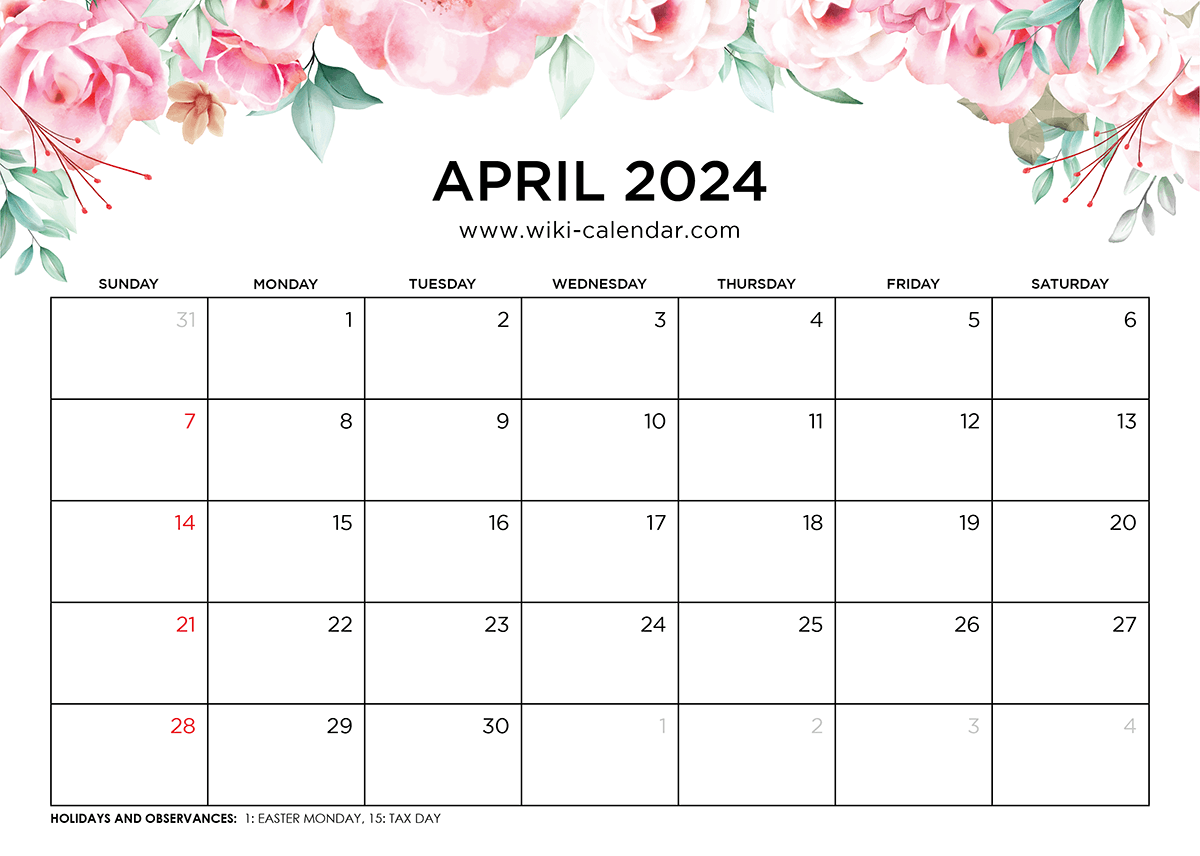 Print Calendar April 2024 United States Bibby Cherice