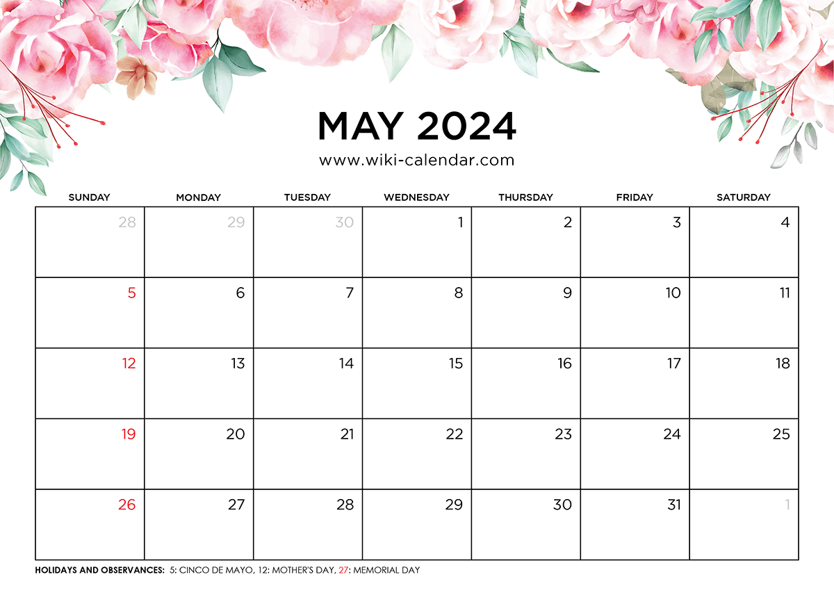May 2024 Printable Calendar With Holidays Template Carin Cosetta