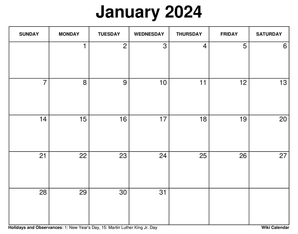 1 Month Calendar Printable January 2024 Shir Yvette