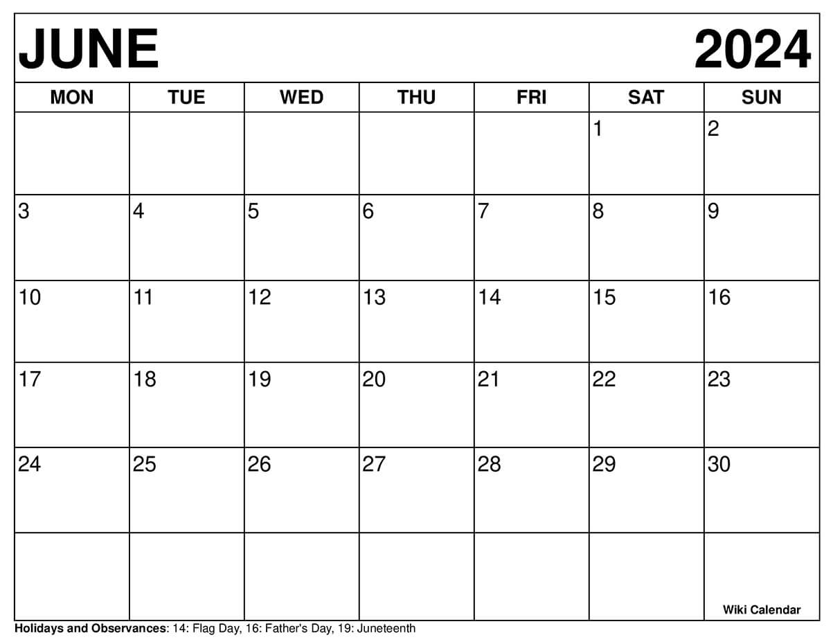 June 2024 Calendar Monday Start. The Wiki Calendar June 2024 with a