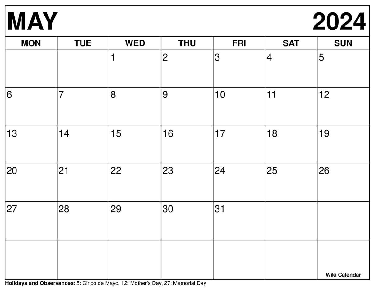 May 2024 Printable Calendar Wikimedia Kacy Sallie
