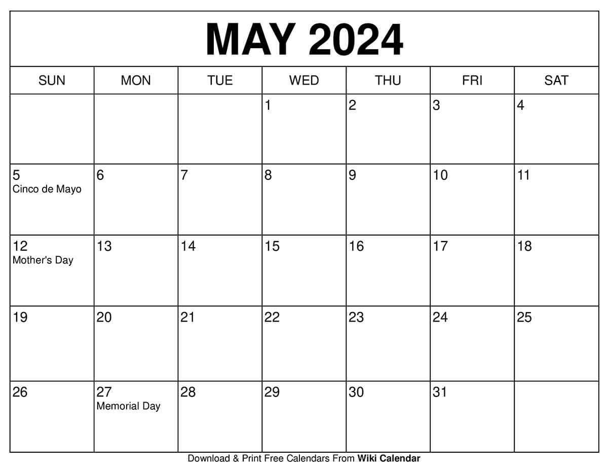 May 2024 Calendar Printable Free Wiki