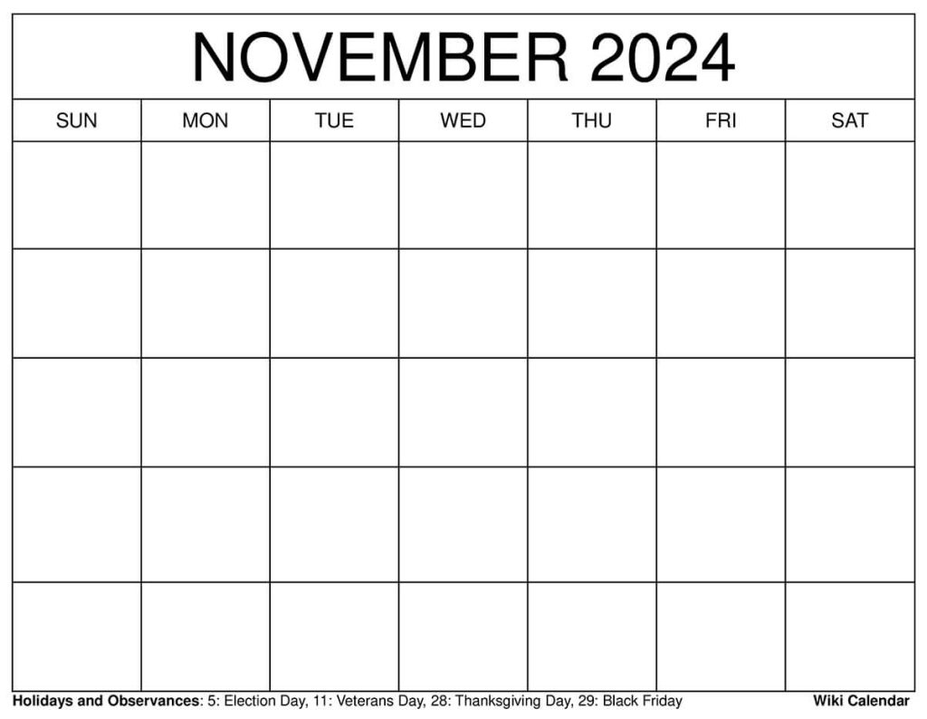Printable November 2024 Calendar Templates with Holidays Wiki Calendar