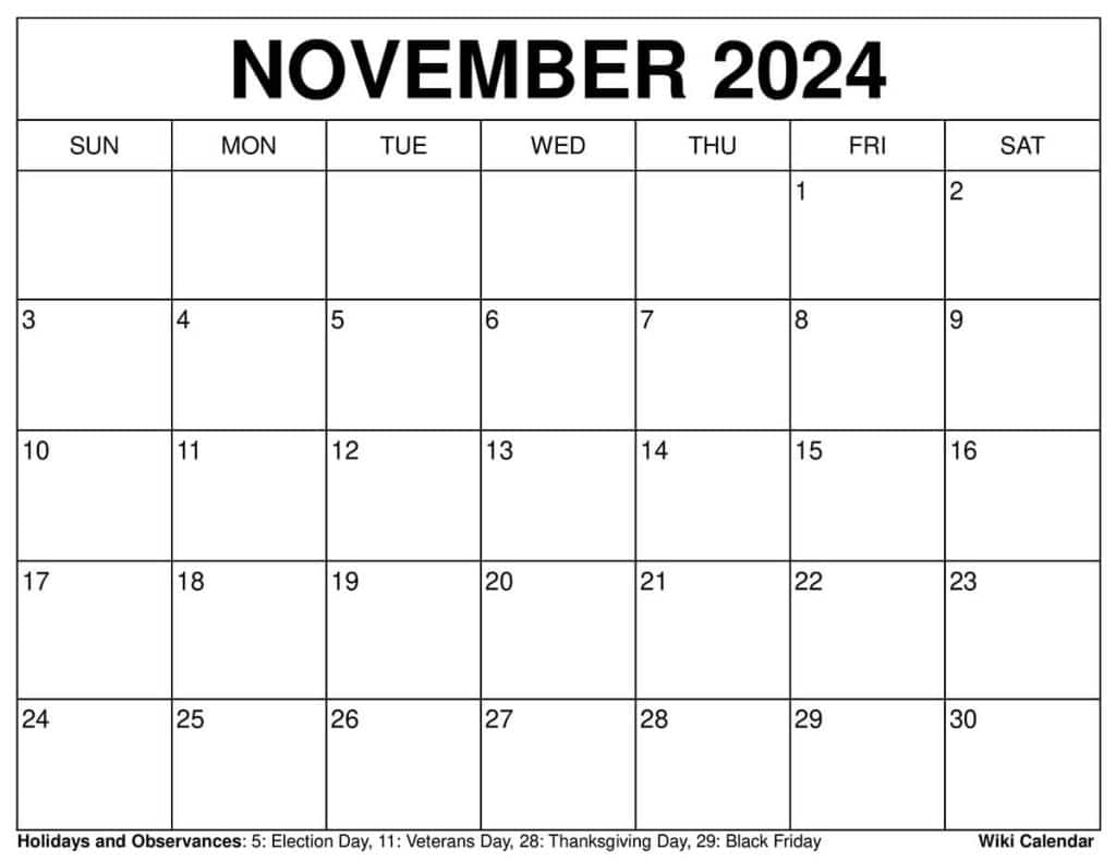 Printable November 2024 Calendar Templates with Holidays - Wiki Calendar