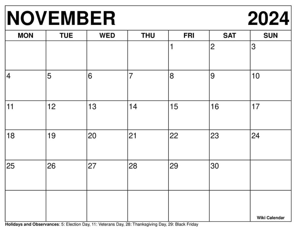 Printable November 2024 Calendar Templates with Holidays Wiki Calendar