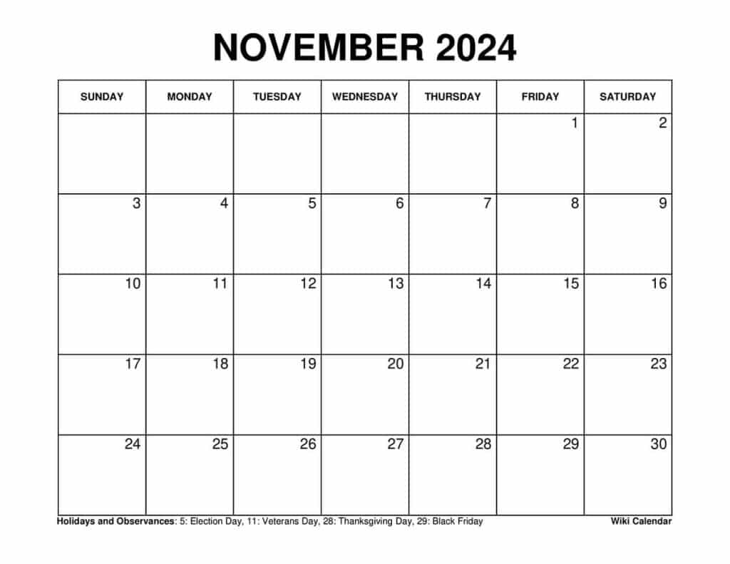 Printable November 2024 Calendar Templates with Holidays - Wiki Calendar