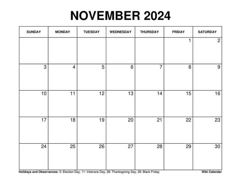 Printable November 2024 Calendar Templates with Holidays - Wiki Calendar
